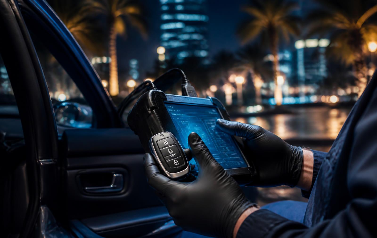 Mobile locksmith cutting and programming a car key at night in Miami